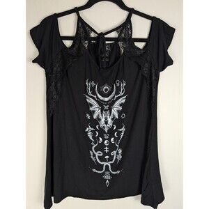 Midnight Hour Women's Top Cold Shoulder Black Size XL Graphic Print Gothic